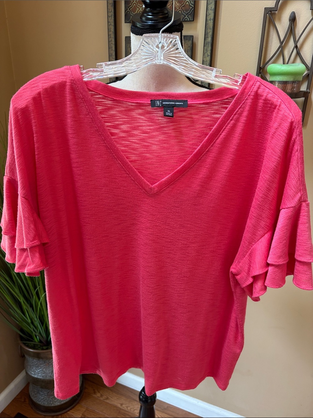 INC International Concepts Coral Pink V-Neck Ruffle Sleeve Top